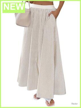 Cotton Striped Maxi Skirt A-Line Pleated High Rise Pockets